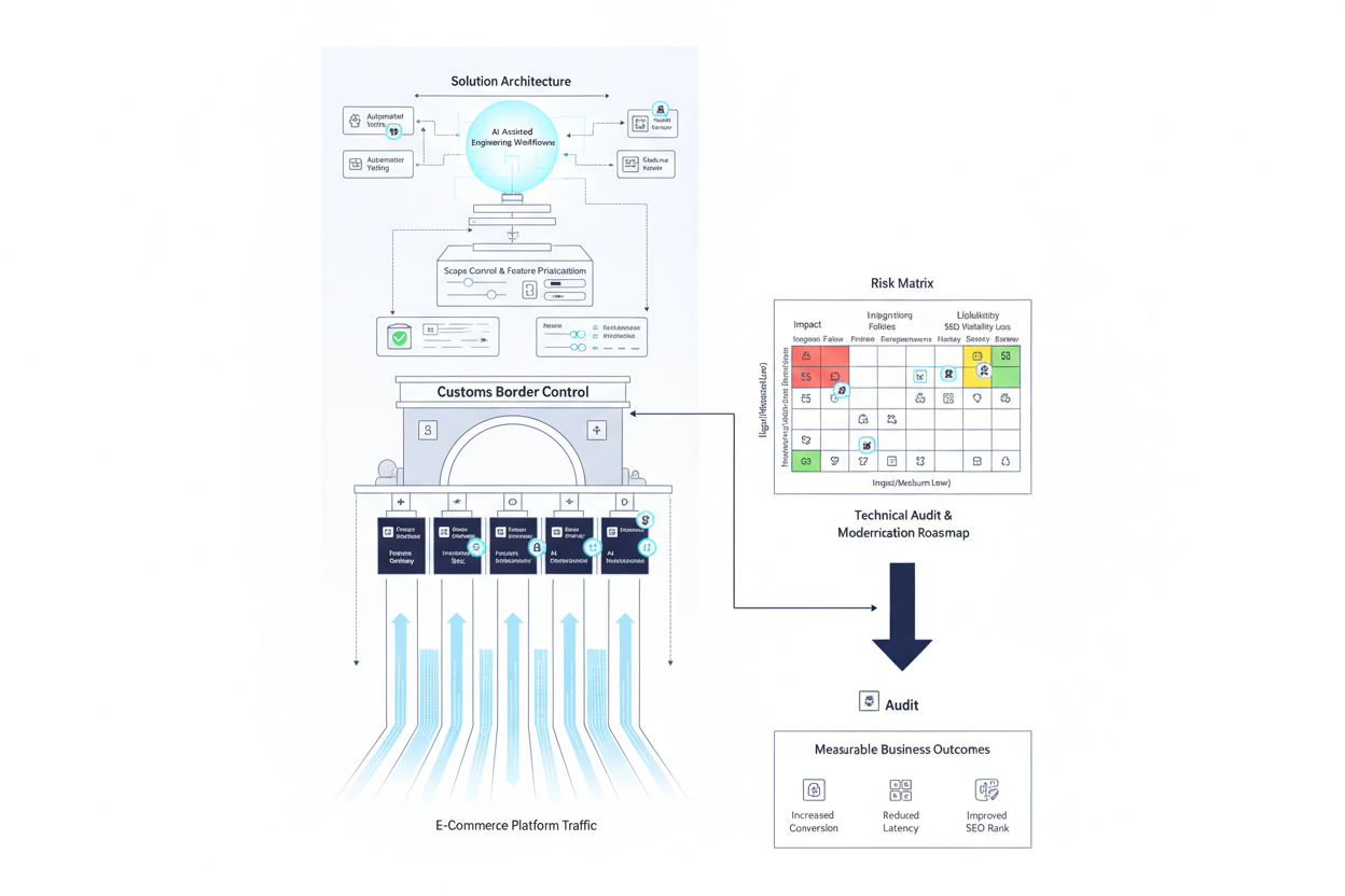 Solution architecture for growing E-Commerce platforms with custom integrations: AI-Assisted engineering workflows risk matrix